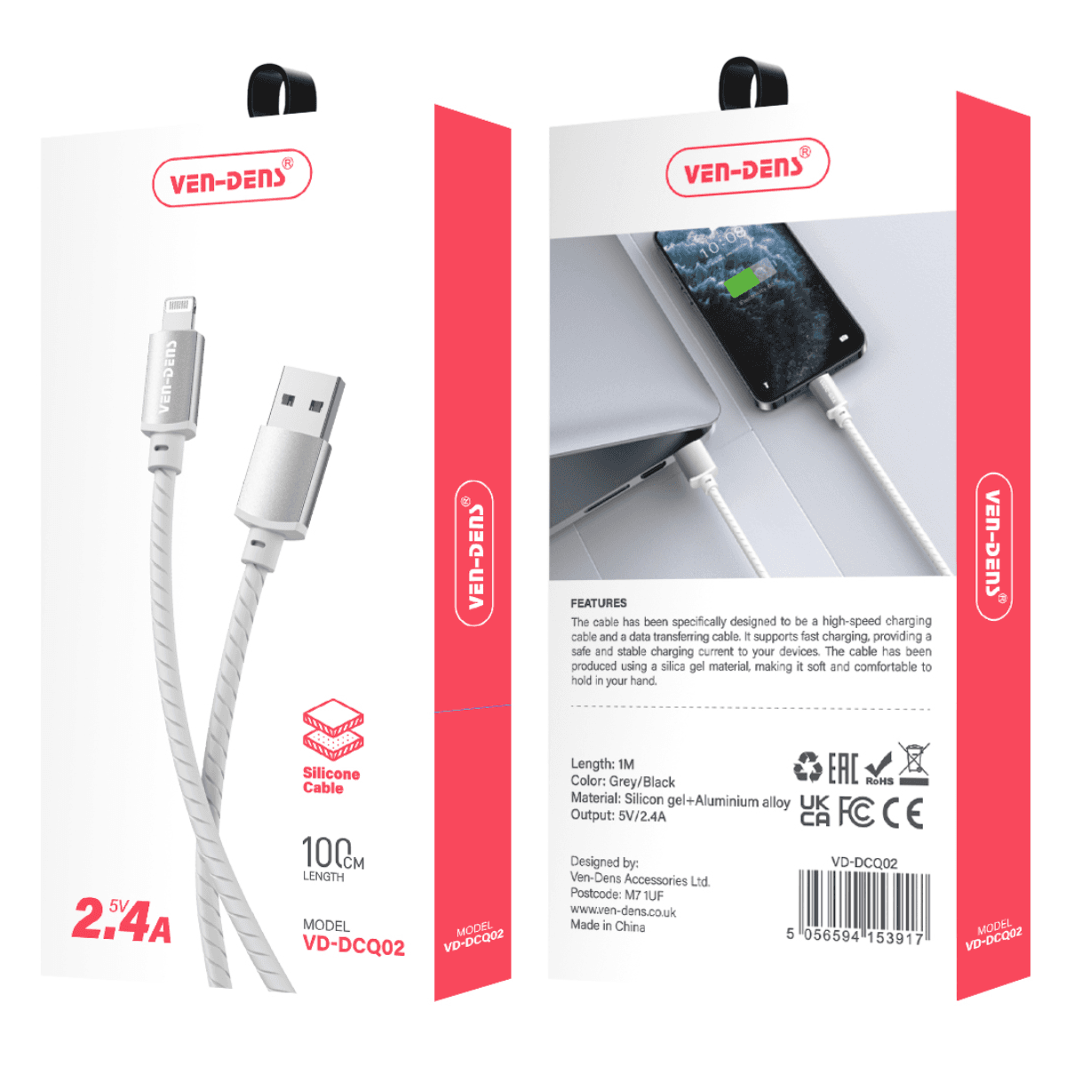 2.4A 5V Silicone USB A to Lightning Cable | Heat-Resistant & Fast Charging | VD-DCQ02 - Image 2