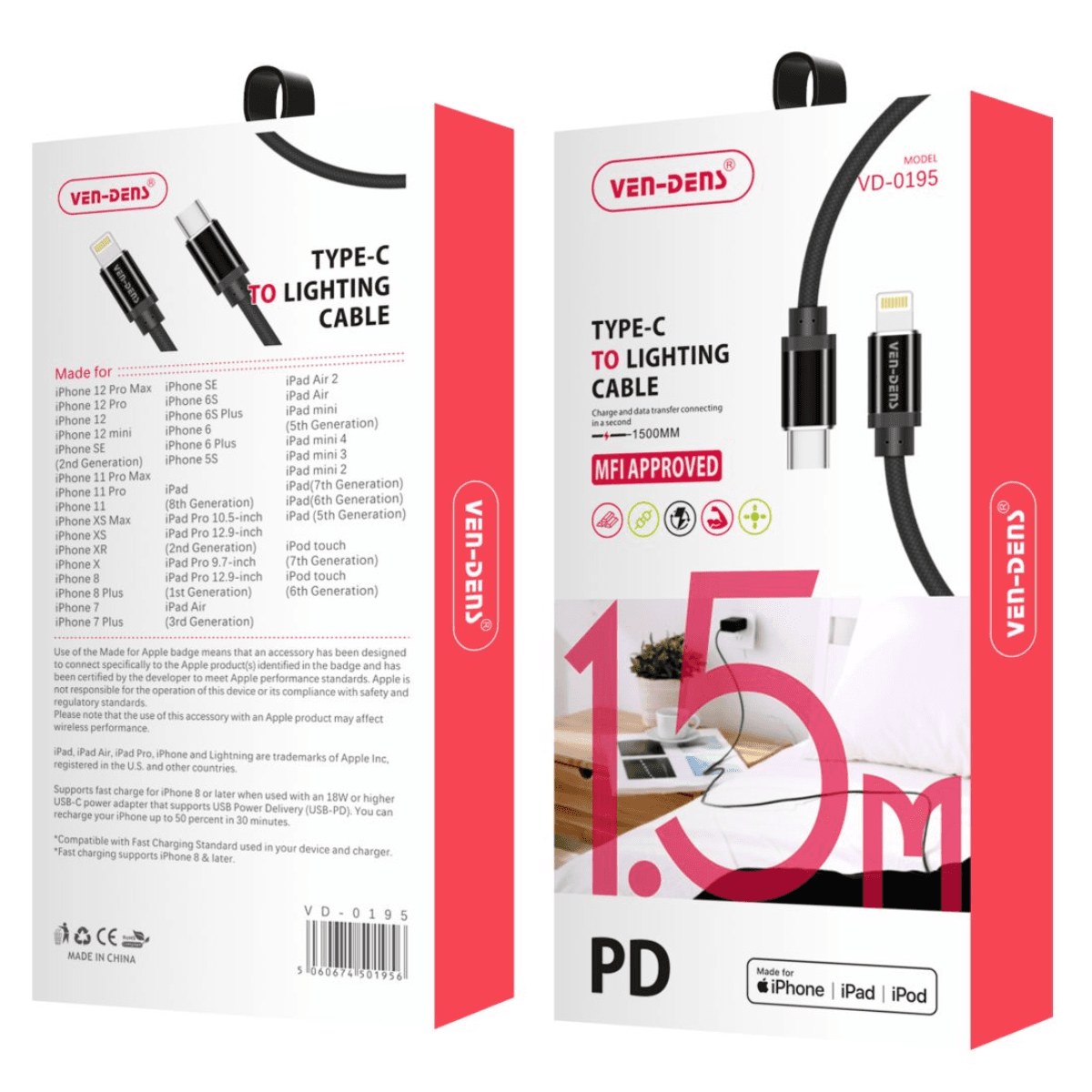 Type C to Lightning Charging Cable (MFi Certified, 1.5m) | 9.5V Output & Heat-Resistant | VD-0195 - Image 2