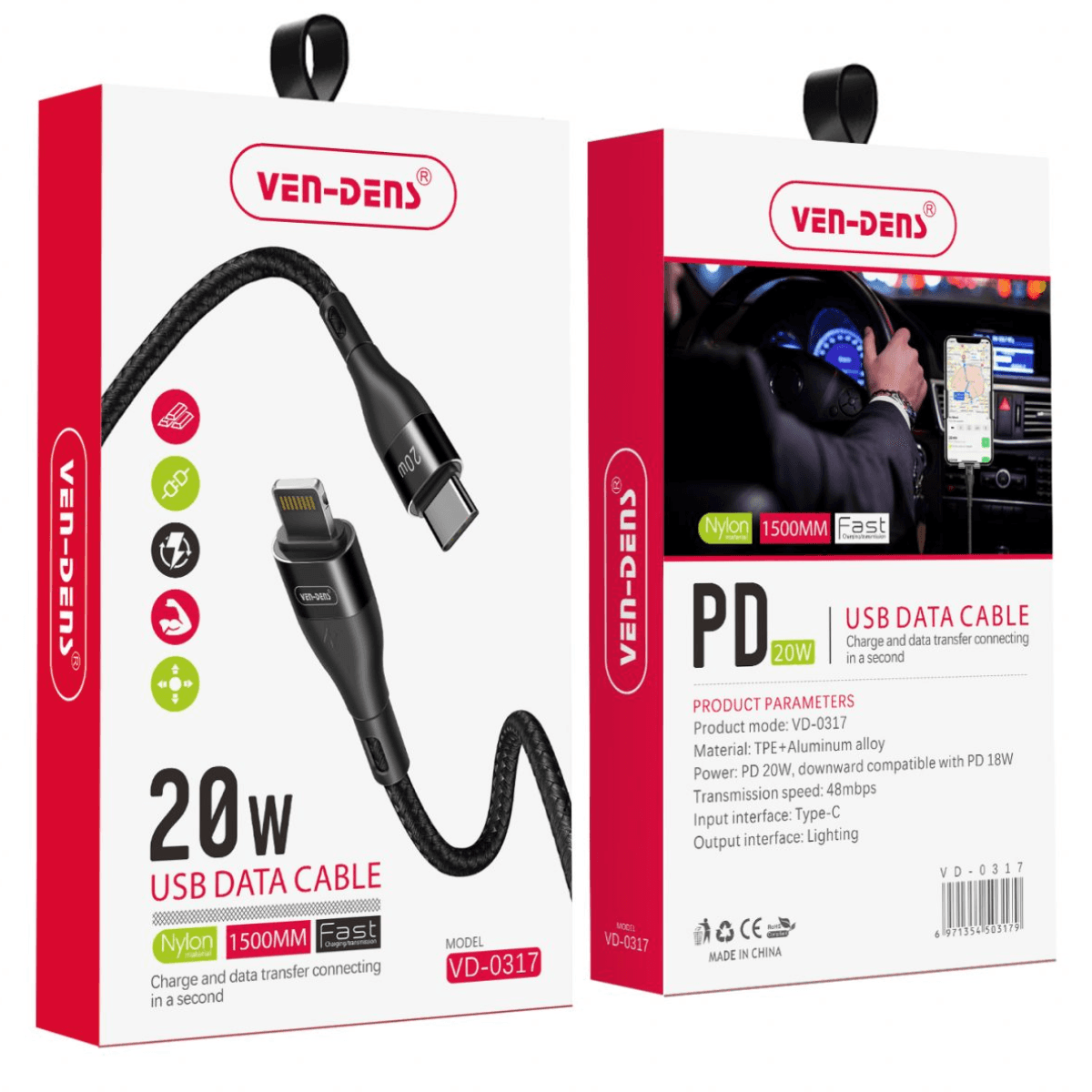 20W Braided USB-C to Lightning Cable (1.5m, Black) | Safe & Durable Charging | VD-0317 - Image 2