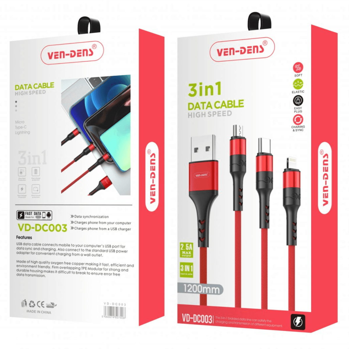 3-in-1 USB to Type-C, Lightning & Micro Cable (1.2m, Red) | Fast & Durable Charging | VD-DC003 - Image 2