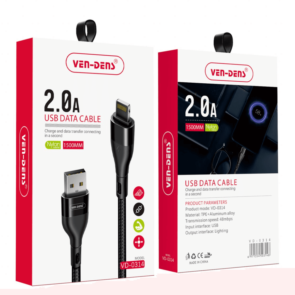 USB to Lightning Charging Cable (2A, Nylon, 1.5m, Black) | Safe & Durable | VD-0314 - Image 2