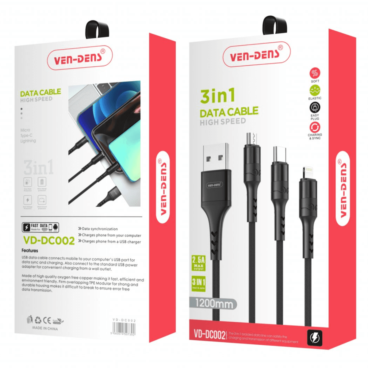 3-in-1 USB to Type-C, Lightning & Micro Cable (1.2m, Black) | Fast & Durable | VD-DC002 - Image 2