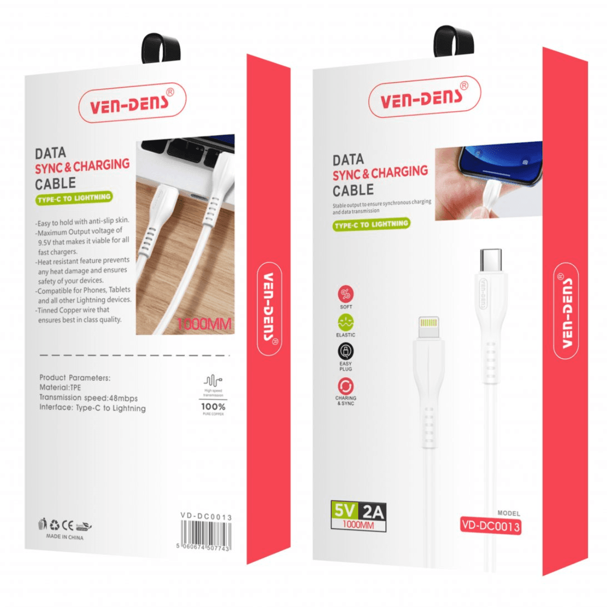 Type-C to Lightning Charging Cable (2A, 1m, White) | 9.5V Output & Heat-Resistant | VD-DC0013 - Image 2