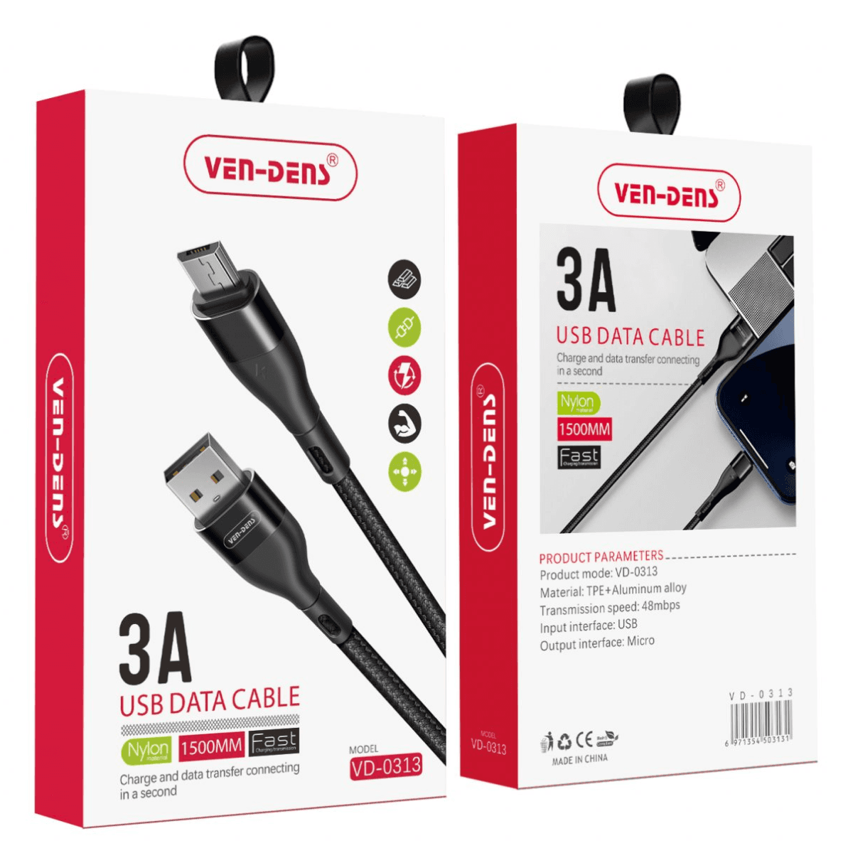 USB to Micro Charger Cable 3A Nylon Cable (Black, 1.5 Metre) – Durable & Safe | VD-0313 - Image 2