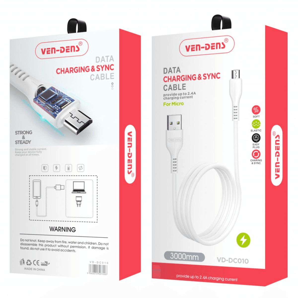 USB to Micro Charging Cable 2.4A (White, 3 Metre) – Durable & Reliable | VD-DC0010 - Image 2