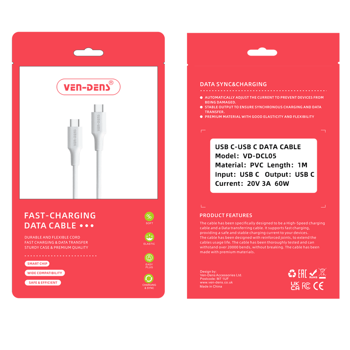 Fast Charging USB-C to USB-C Cable – Heat-Resistant, Durable, and Reliable | VD-DCL05 - Image 2