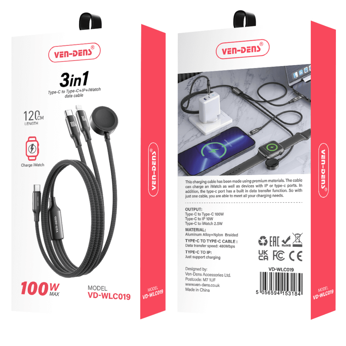 3-in-1 Type-C to Type-C, iWatch, and iPhone Data Cable (100W Max) – Wireless, Versatile, and Stylish | WLC019 - Image 2