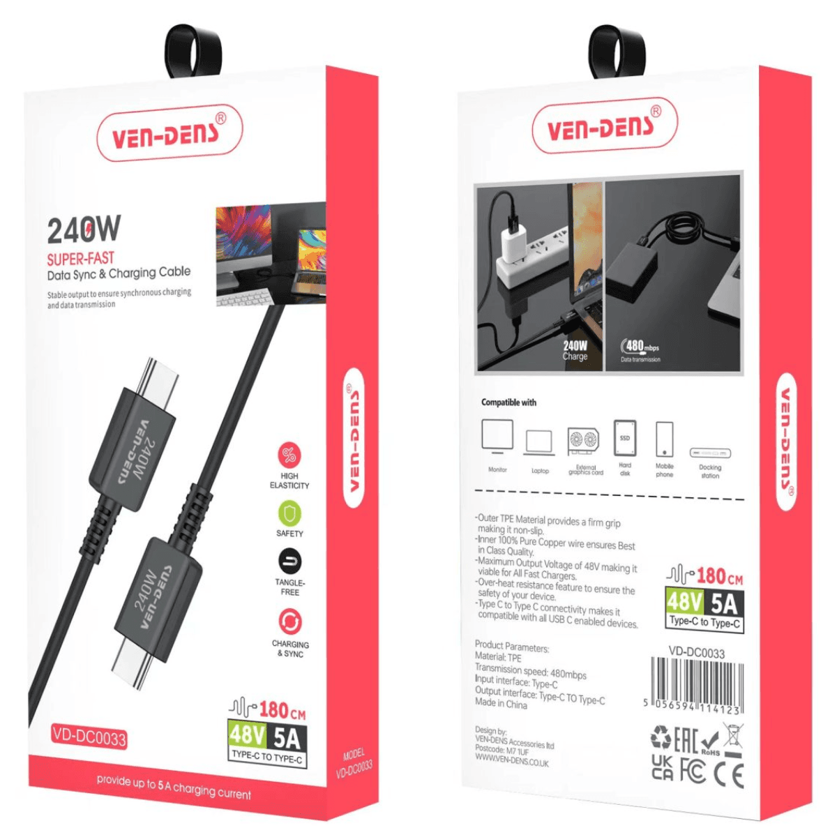 240W Type-C to Type-C Charging Cable (1.8 Meter, Black) – Data Sync & Fast Charging |  VD-DC0033 - Image 2