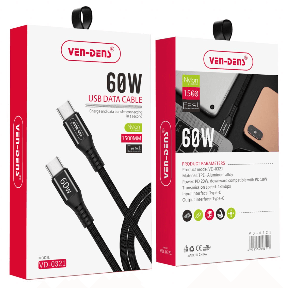 60W Type-C to Type-C Charging Cable (1.5 Meter, Nylon) – Fast Charging & Data Transfer | VD-0321 - Image 2