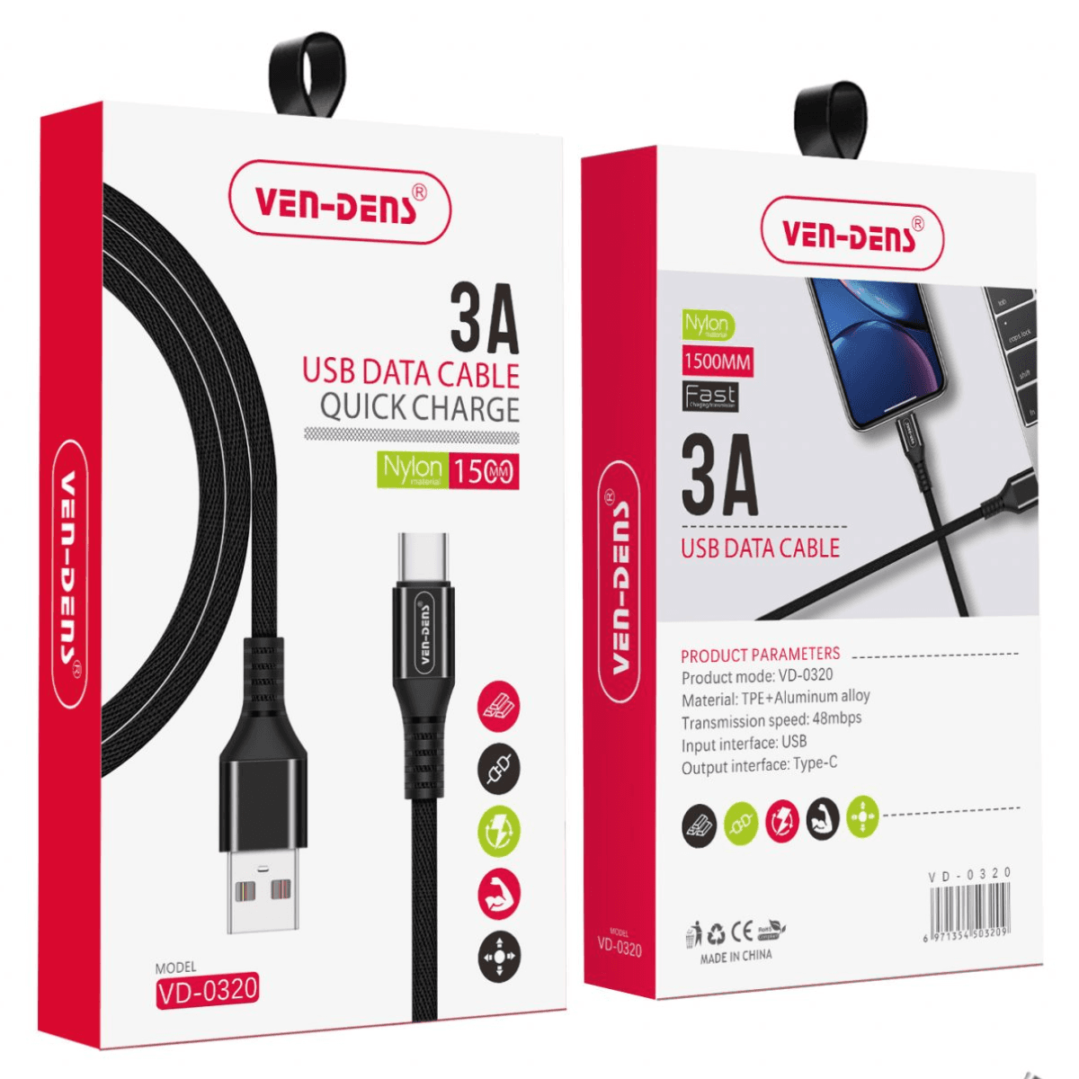 USB to Type-C Charging Cable 3A Nylon Braided (1.5 Meter, Black) – Fast Charge & High-Speed Sync | VD-0320 - Image 2