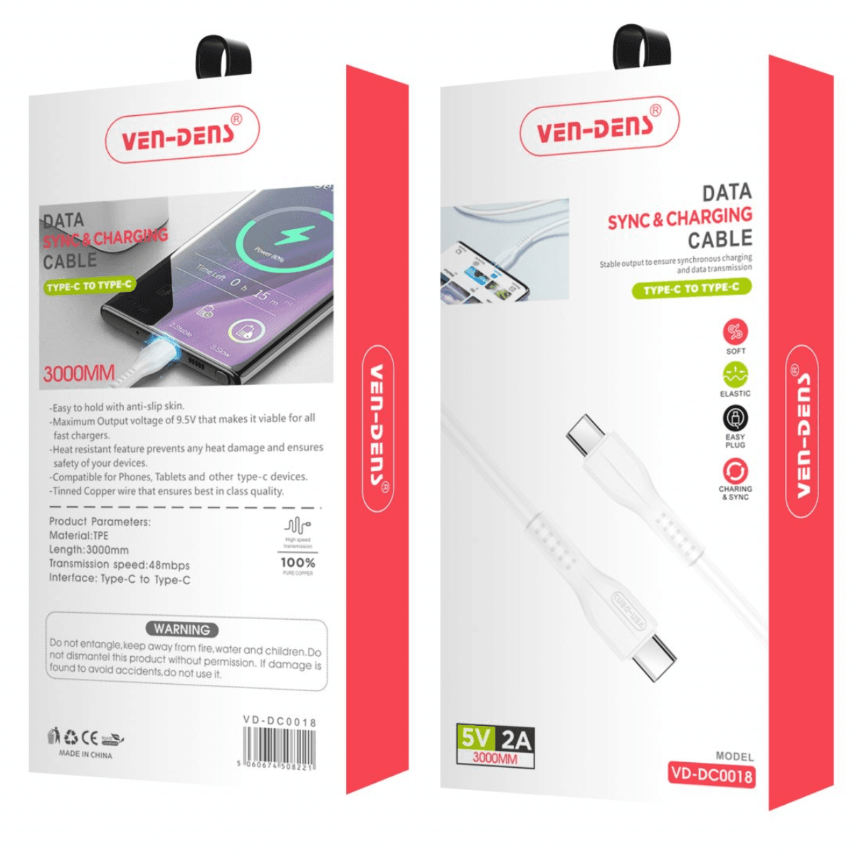 Type-C to Type-C Charging Cable 2A (3 Meter, White) – Durable, Heat-Resistant, and Safe | VD-DC0018 - Image 2