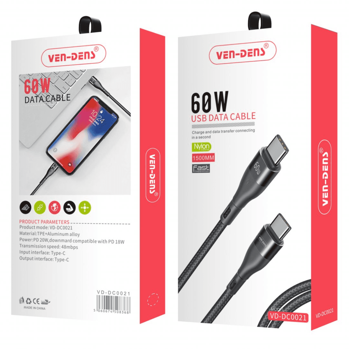 60W Type-C to Type-C Charging Cable (1.5 Meter, Black) – Fast Charging & Data Transfer | VD-DC0021 - Image 2