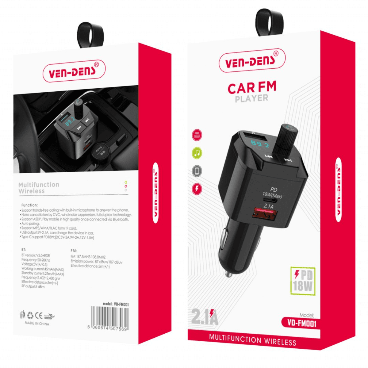 Car Charger & FM Player 2.1A USB + PD 18W – Hands-Free, Fast, and High-Quality Audio | VD-FM001 - Image 2