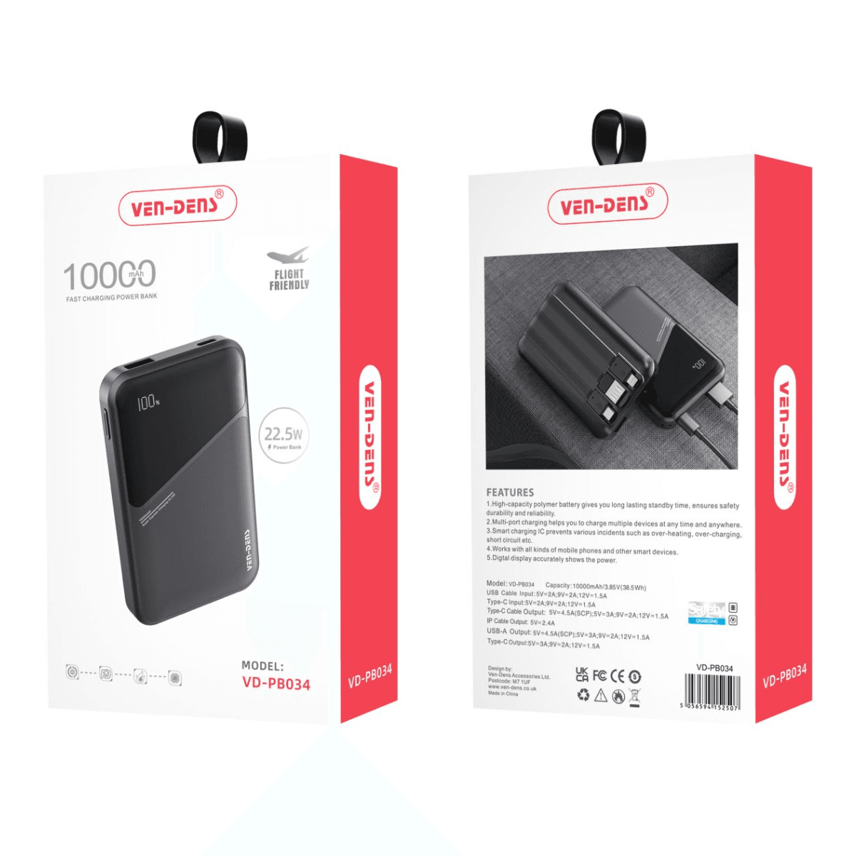 Power Bank 10000mAh 22.5W Wireless – 3-in-1 Built-in Charging Cables | VD-PB034 - Image 2