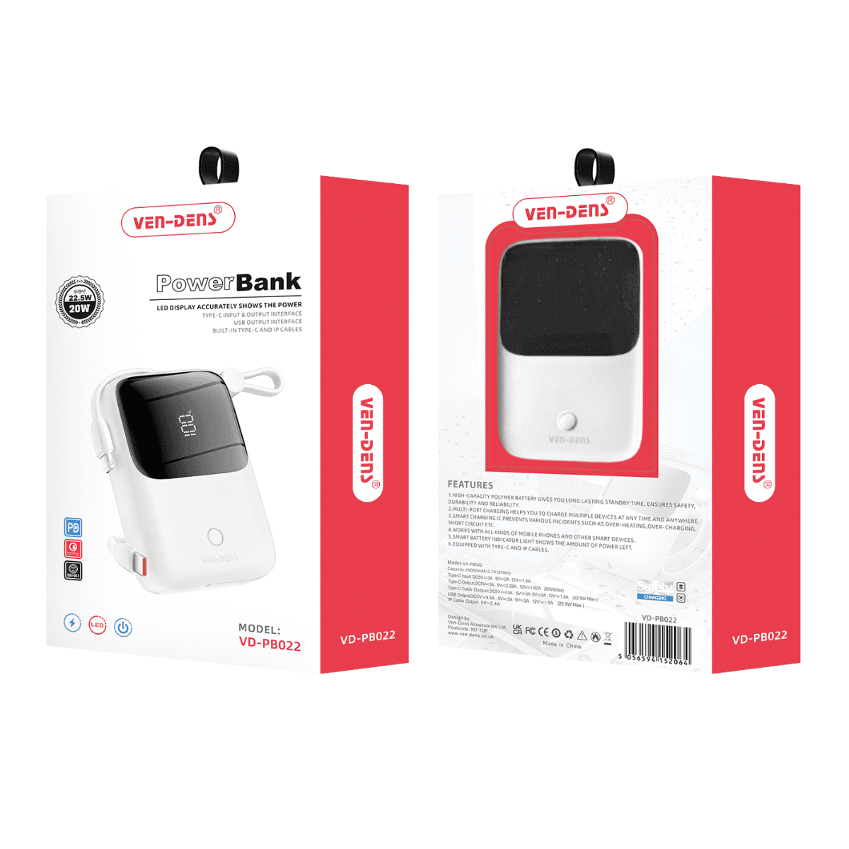 Power Bank 10000mAh 22.5W/20W – LED Display with Built-In Type-C & iPhone Cables | VD-PB022 - Image 2