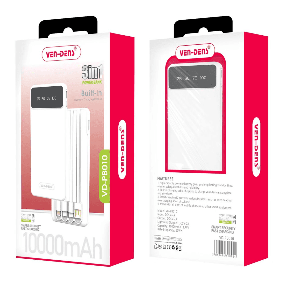 Power Bank 10000mAh 3-in-1 – Built-In Charging Cables | VD-PB010 - Image 2