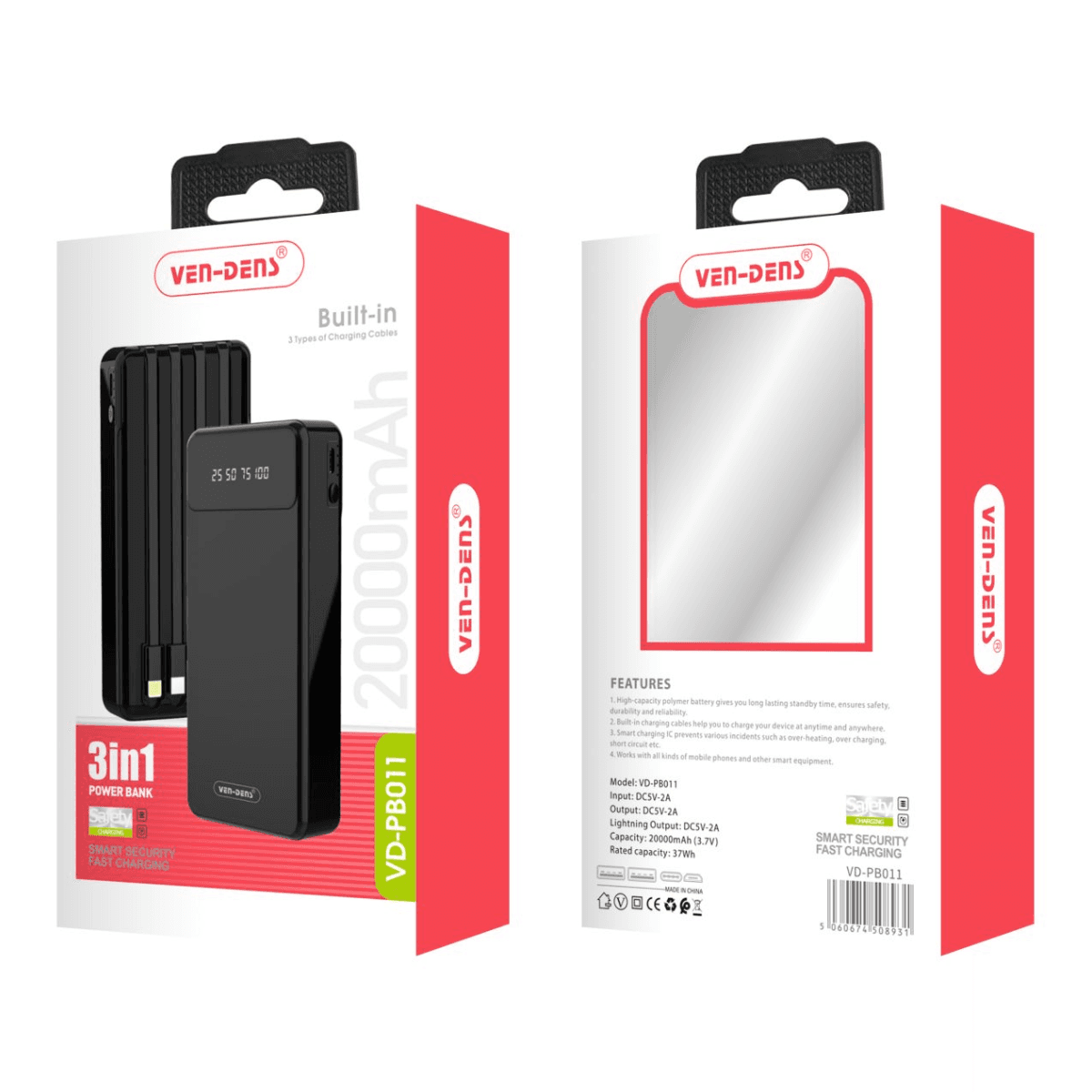 Power Bank 20000mAh 3-IN-1 Built-in Charging Cables – High-Capacity Portable Charger | VD-PB011 - Image 2