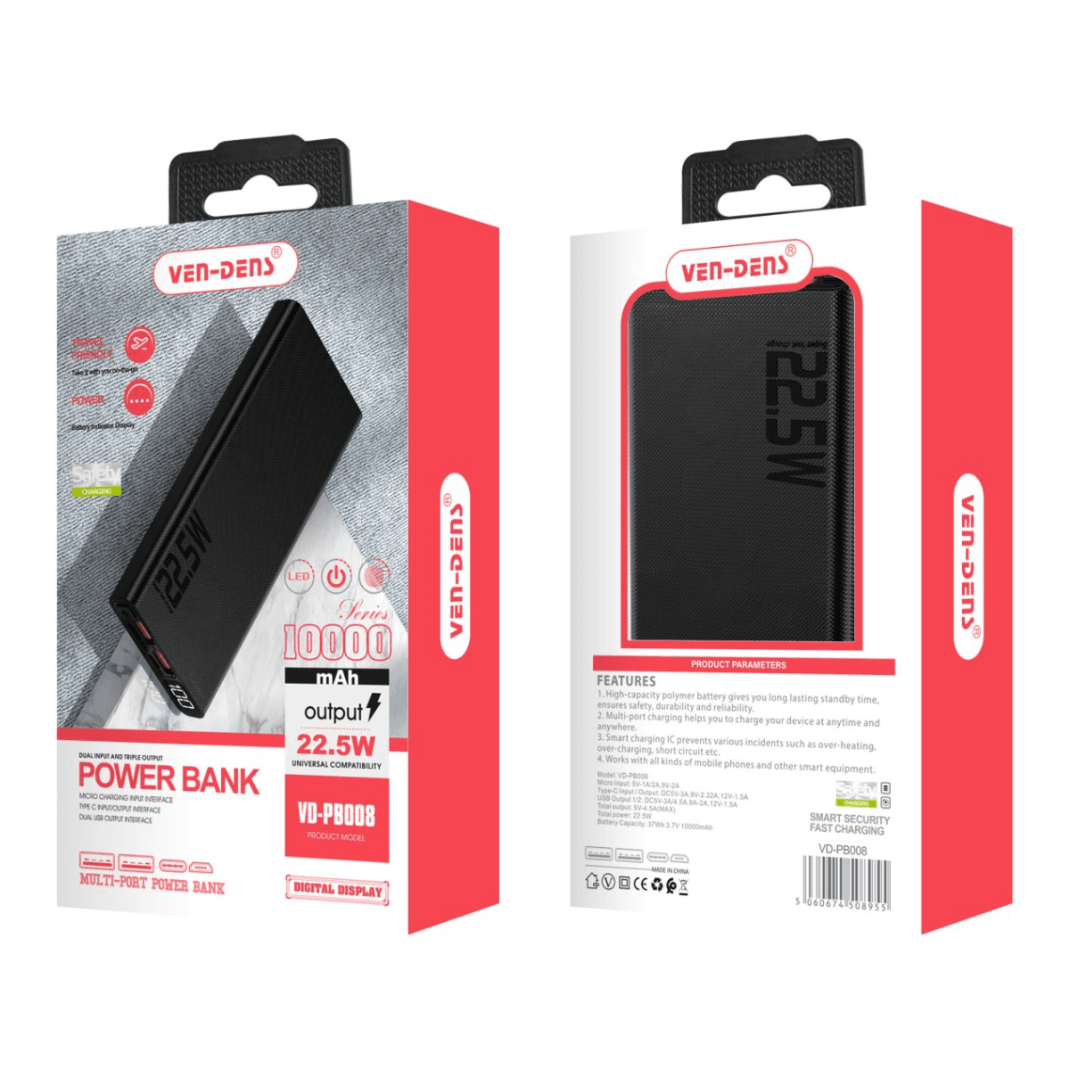 Power Bank 20000mAh Portable Charger – 22.5W Dual Port USB & USB-C Fast Charging | VD-PB008 - Image 2