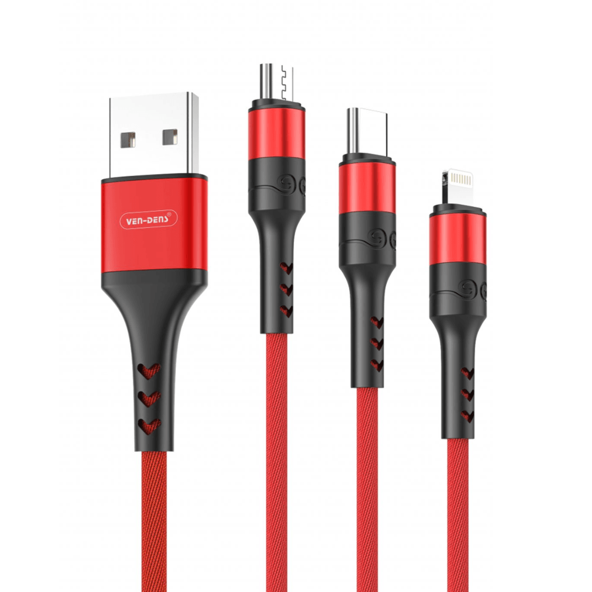 3-in-1 USB to Type-C, Lightning & Micro Cable (1.2m, Red) | Fast & Durable Charging | VD-DC003 - Main view
